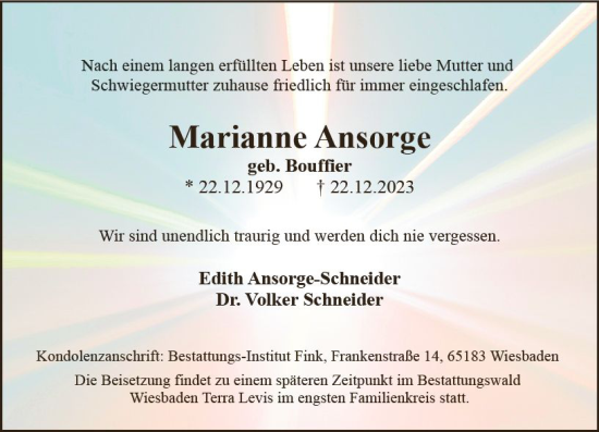 Traueranzeige von Marianne Ansorge von Wiesbadener Kurier