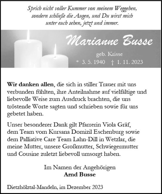 Traueranzeige von Marianne Busse von Dill Block