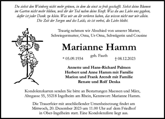 Traueranzeige von Marianne Hamm von Allgemeine Zeitung Bingen/Ingelheim