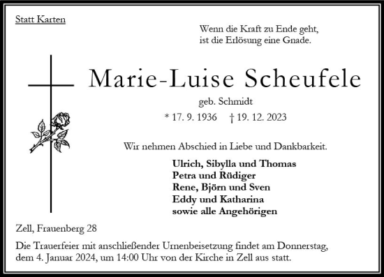 Traueranzeige von Marie Luise Scheufele von Oberhessen Kurier