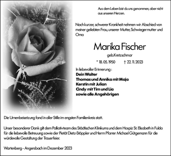 Traueranzeige von Marika Fischer von VRM Trauer