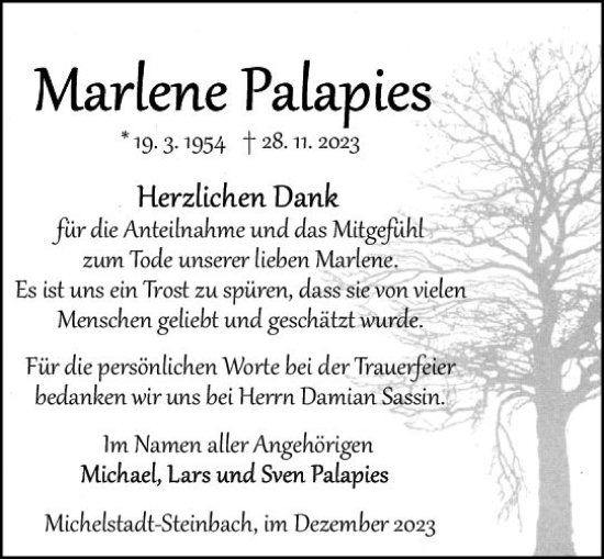Traueranzeige von Marlene Palapies von Odenwälder Echo