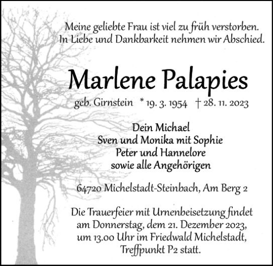 Traueranzeige von Marlene Palapies von Odenwälder Echo