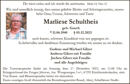 Traueranzeige von Marliese Schultheis von Allgemeine Zeitung Alzey