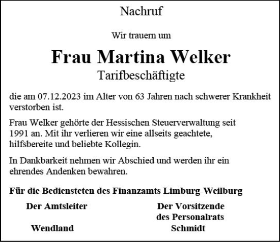 Traueranzeige von Martina Welker von Nassauische Neue Presse
