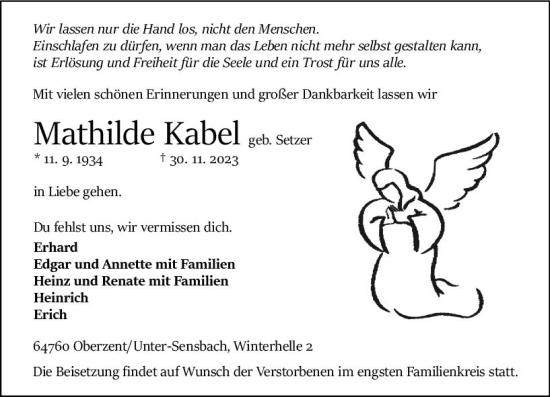 Traueranzeige von Mathilde Kabel von Odenwälder Echo