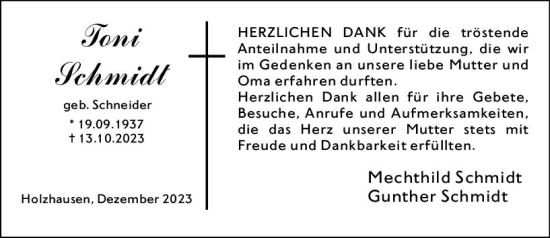 Traueranzeige von Mechthild Schmidt von Hinterländer Anzeiger