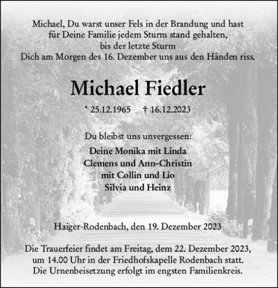 Traueranzeige von Michael Fiedler von Dill Block