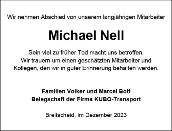 Traueranzeige von Michael Nell von Dill Block
