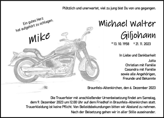 Traueranzeige von Michael Walter Giljohann von Wetzlarer Neue Zeitung