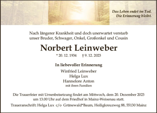 Traueranzeige von Norbert Leinweber von Allgemeine Zeitung Mainz
