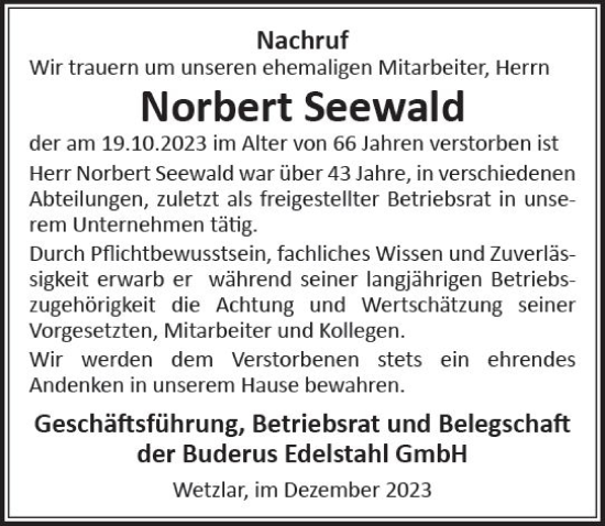 Traueranzeige von Norbert Seewald von Wetzlarer Neue Zeitung