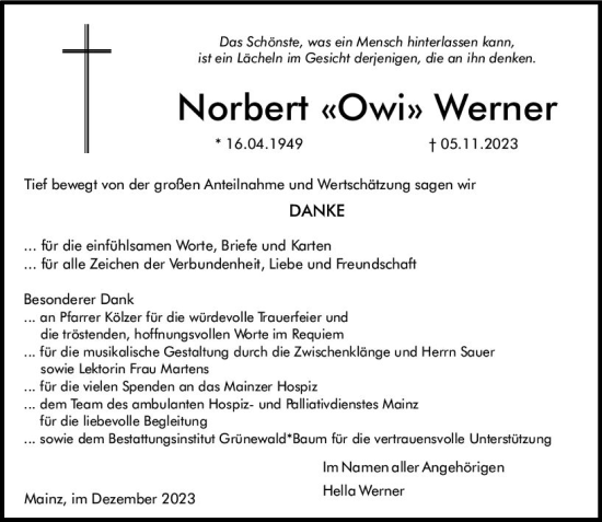 Traueranzeige von Norbert  Werner von Allgemeine Zeitung Mainz