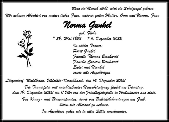 Traueranzeige von Norma Gunkel von Weilburger Tageblatt