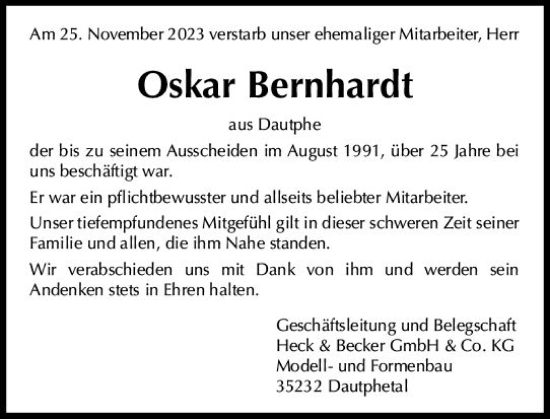 Traueranzeige von Oskar Bernhardt von Hinterländer Anzeiger