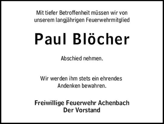 Traueranzeige von Paul Blöcher von Hinterländer Anzeiger