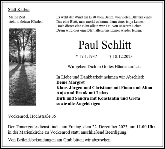 Traueranzeige von Paul Schlitt von VRM Trauer