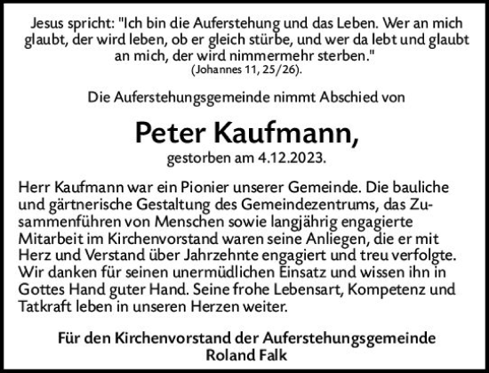 Traueranzeige von Peter Kaufmann von Wiesbadener Kurier