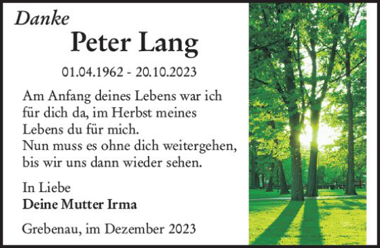 Traueranzeige von Peter Lang von Oberhessen Kurier