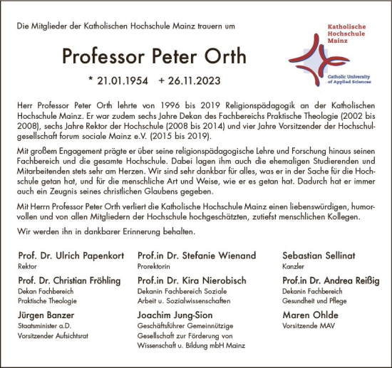 Traueranzeige von Peter Orth von Allgemeine Zeitung Mainz