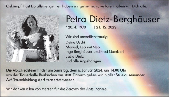 Traueranzeige von Petra Dietz-Berghäuser von Wetzlarer Neue Zeitung