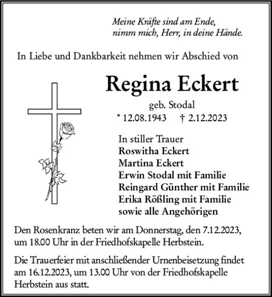 Traueranzeige von Regina Eckert von VRM Trauer