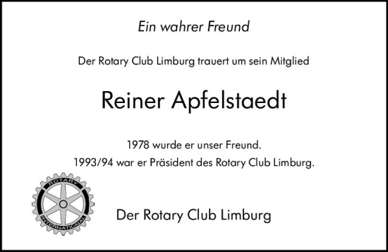 Traueranzeige von Reiner Apfelstaedt von Nassauische Neue Presse