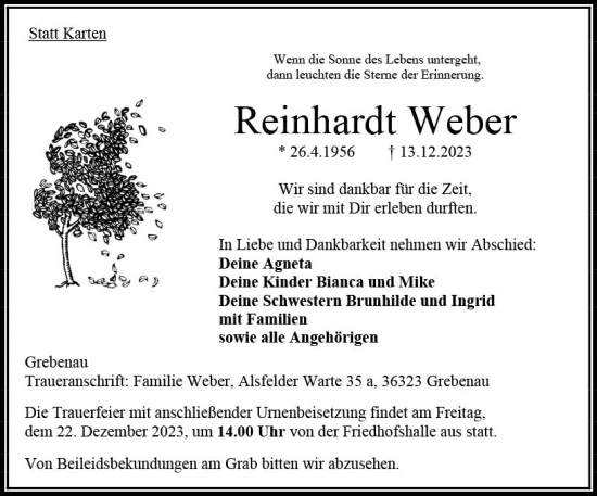 Traueranzeige von Reinhardt Weber von VRM Trauer