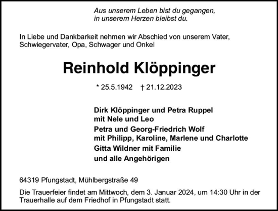 Traueranzeige von Reinhold Kläppinger von Darmstädter Echo