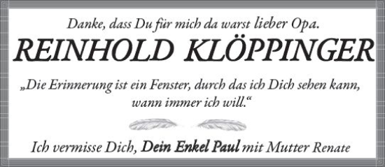 Traueranzeige von Reinhold Klöppinger von Darmstädter Echo