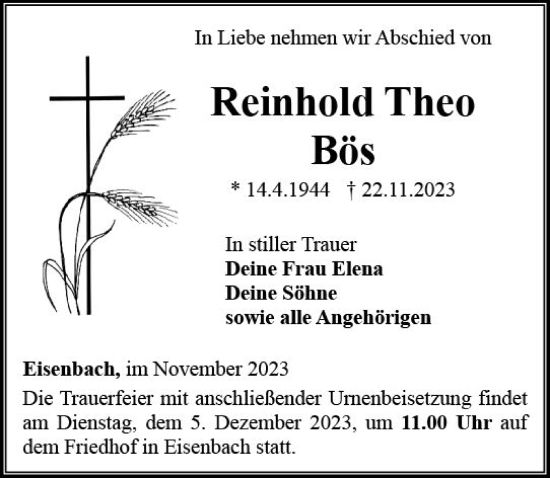 Traueranzeige von Reinhold Theo Bös von Nassauische Neue Presse