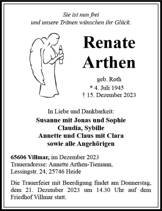 Traueranzeige von Renate Arthen von Nassauische Neue Presse