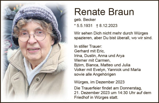 Traueranzeige von Renate Braun von Camberger Anzeiger