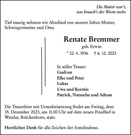Traueranzeige von Renate Bremmer von Wetzlarer Neue Zeitung