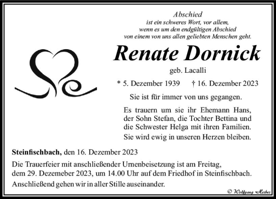 Traueranzeige von Renate Dornick von Camberger Anzeiger