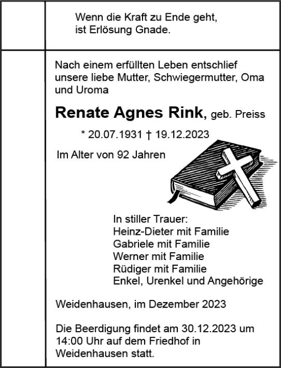 Traueranzeige von Renate Agnes Rink von Hinterländer Anzeiger