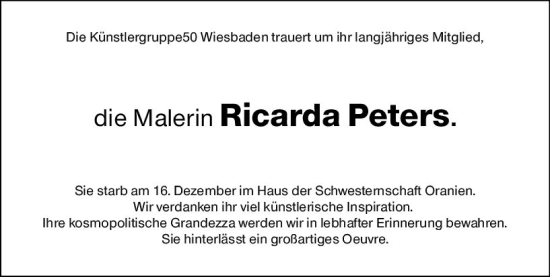 Traueranzeige von Ricarda Peters von Wiesbadener Kurier