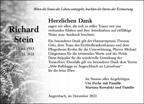Traueranzeige von Richard Stein von VRM Trauer
