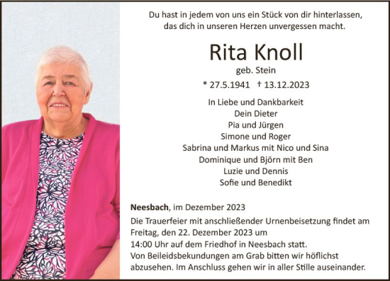 Traueranzeige von Rita Knoll von Nassauische Neue Presse