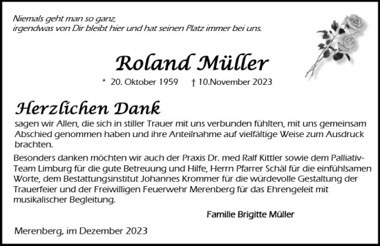 Traueranzeige von Roland Müller von Weilburger Tageblatt