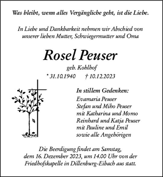 Traueranzeige von Rosel Peuser von Dill Block