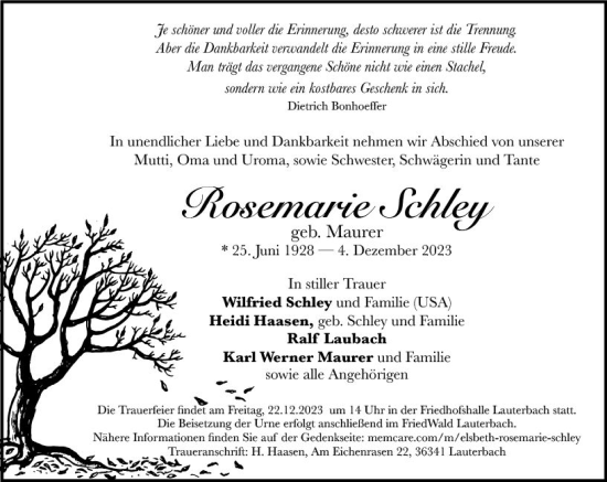 Traueranzeige von Rosemarie Schley von VRM Trauer