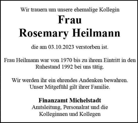 Traueranzeige von Rosemary Heilmann von Odenwälder Echo