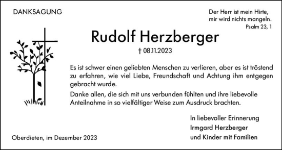 Traueranzeige von Rudolf Herzberger von Hinterländer Anzeiger