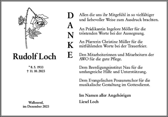 Traueranzeige von Rudolf Loch von VRM Trauer