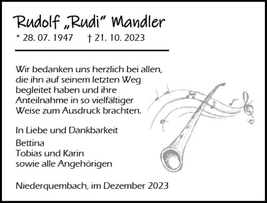 Traueranzeige von Rudolf Mandler von Wetzlarer Neue Zeitung