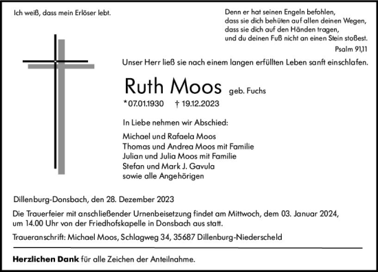 Traueranzeige von Ruth Moos von Dill Block