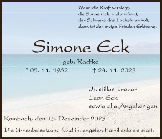 Traueranzeige von Simone Eck von Hinterländer Anzeiger