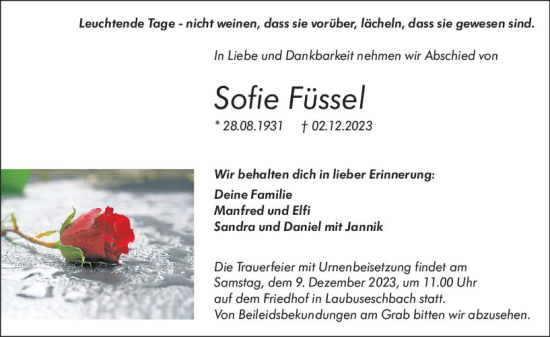 Traueranzeige von Sofie Füssel von Weilburger Tageblatt