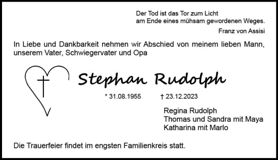 Traueranzeige von Stephan Rudolph von Dieburger Anzeiger/Groß-Zimmerner Lokal-Anzeiger